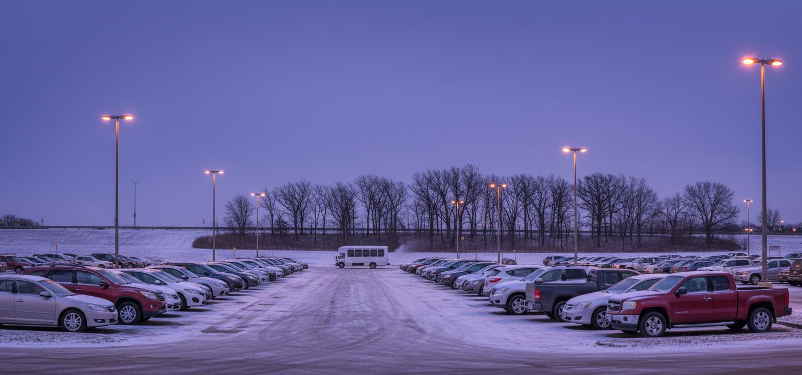 Rows of parked cars with fresh snow on their roofs in an open lot at dusk, lamps lit, and a small white shuttle bus waiting at the end of the center aisle