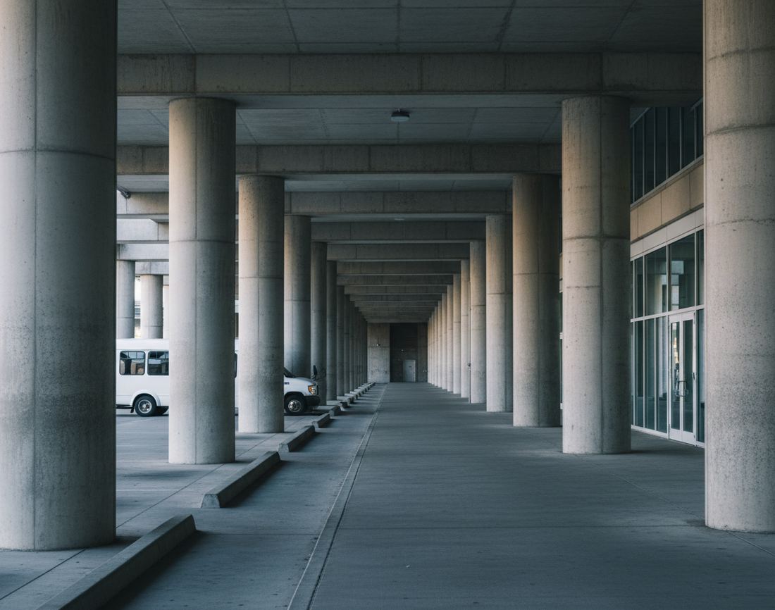 A covered pickup area at the ground level of a parking structure, with round concrete columns, a long curb, glass doors and a white shuttle van